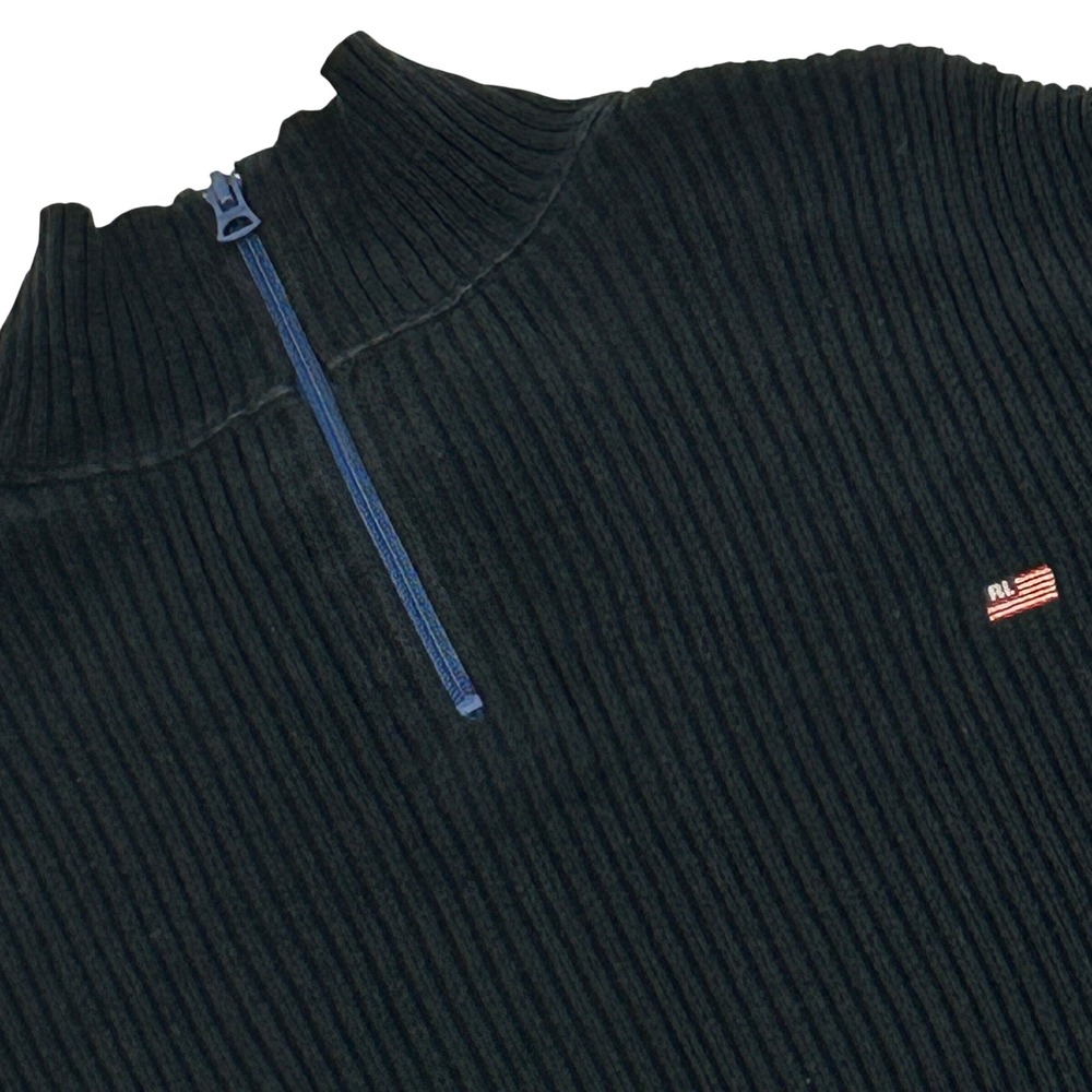 Polo Jeans Co Ralph Lauren Sweater Mens XXL Black Quarter Zip Ribbed Cotton Flag